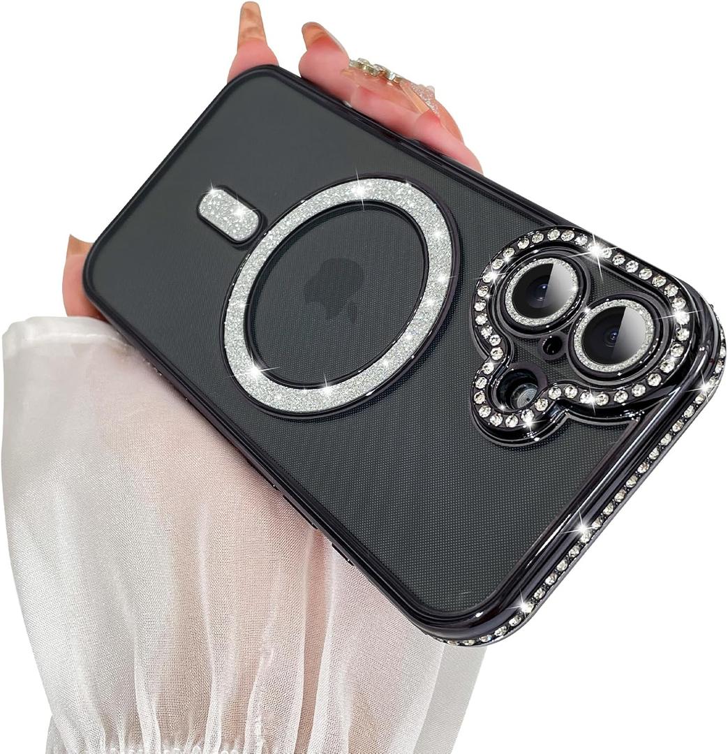 SAKUULO Magnetic Case for iPhone 17 6.3inch Clear Plating,Black | Compatible with MagSafe,Glitter Sparkly Diamonds Rhinestone with Camera Protector Slim Shockproof Protective Women Girls