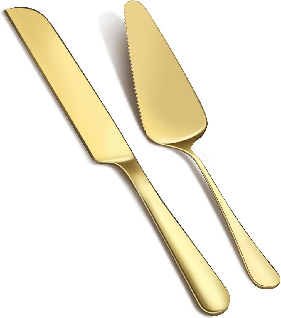 2Pcs Wedding Cake Knife and Server Set, Premium Cake Cutter includes 10.63" Cake Knife and 9.25" Pie Server, Stainless Steel Cake cutting set for Wedding, Birthday, Anniversary, Gold