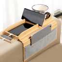 Couch armrest Table,5 in 1 Detachable Couch Cup Holder Tray with Side Storage Pocket, Bamboo Couch Table Double-Layer Large Space for Drinks, Eating, Cup, Remote,Food Trays for Eating on Couch (Slide-Away Detachable)