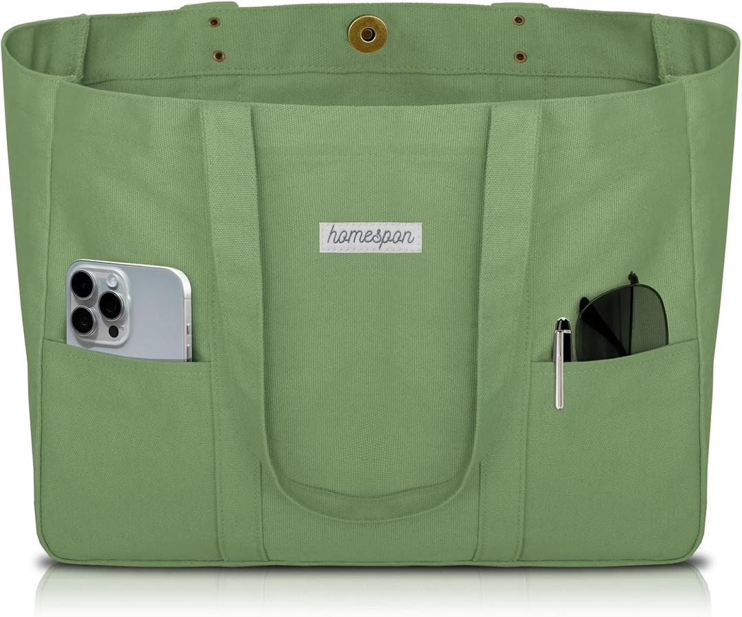 HOMESPON Large Canvas Tote Bag for Women Everything Bag with Pockets and Laptop Sleeve (Green)