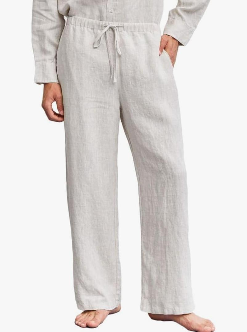 Amazhiyu Men's 100% Linen Summer Casual Elastic Drawstring Loose Pants Pockets Size L