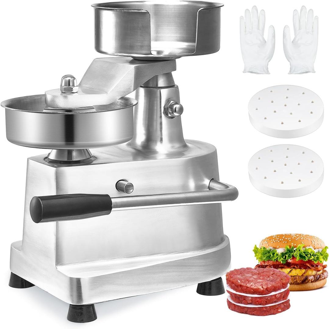 VEVOR Commercial Burger Patty Maker, 130mm/5inch Hamburger Beef Patty Maker, Heavy Duty Food-Grade Stainless Steel Bowl Burger Press Machine, Kitchen Meat Forming Processor with 1000 Pcs Patty Papers