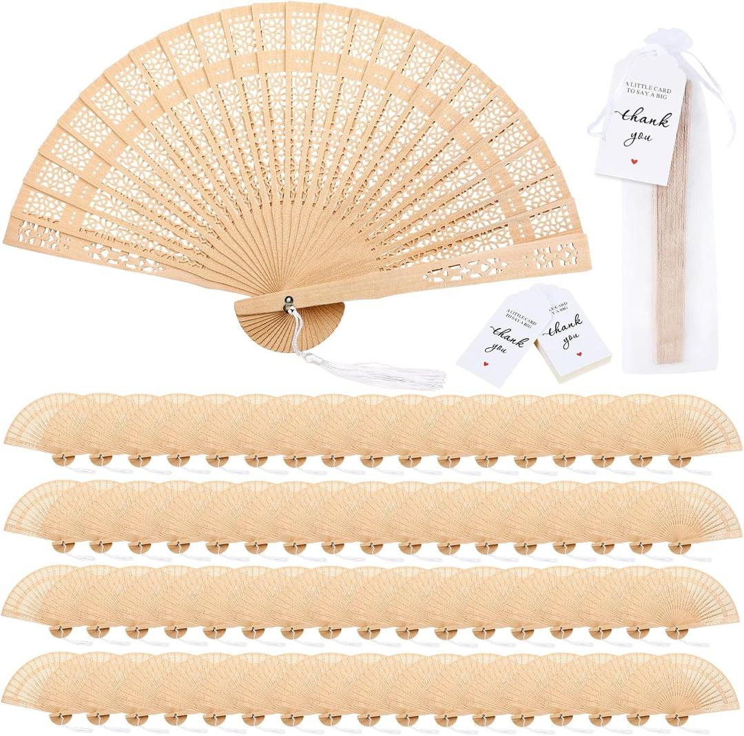 55 Sets Sandalwood Fans Bulk Wedding Favors, Reliable Solid Wooden Handheld Foldable Fans with Tassels, Organza Bags & DIY Custom Tags for Outdoor Bridal Shower Birthday Party Gifts