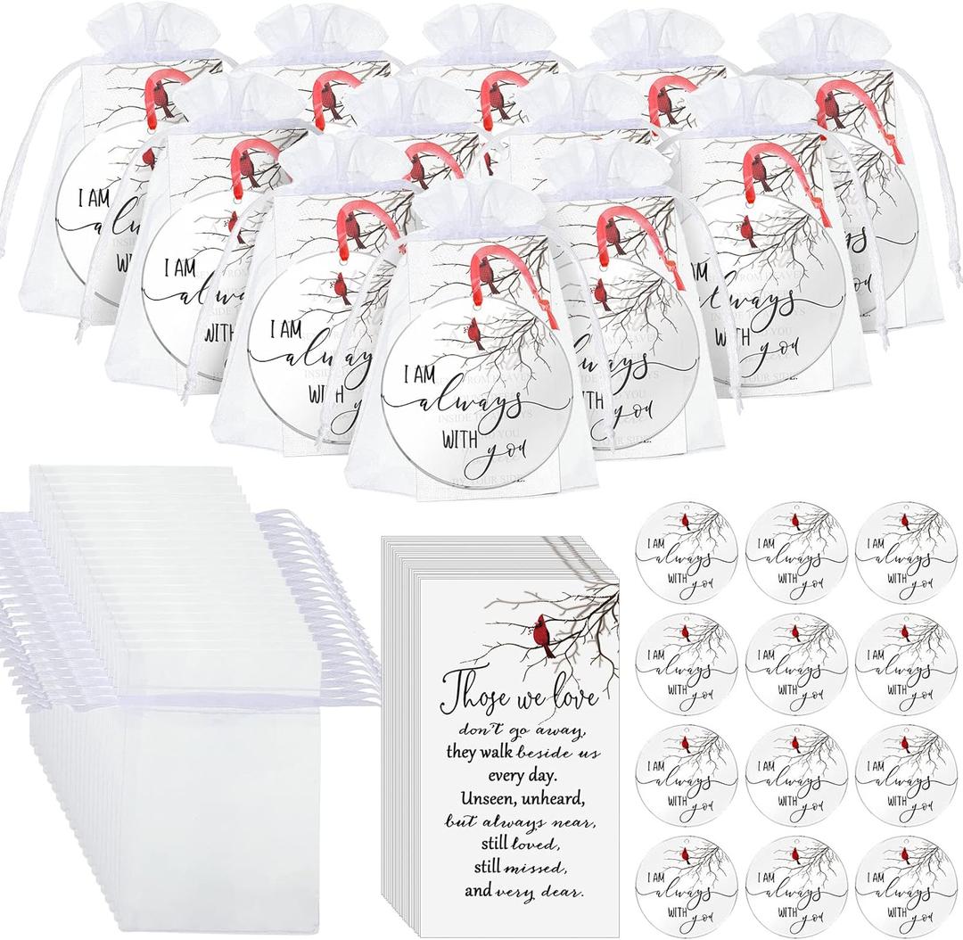 Unittype 150 Pcs Red Cardinal Christmas Ornaments Bulk Cardinal Guardian Ornament Tree Decor with Memorial Prayer Cards and Organza Bags for Funeral Favors Christmas Condolences Gifts (Simple)