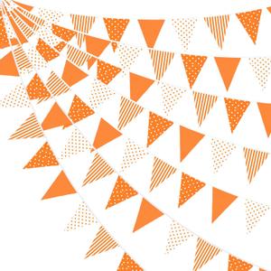 32Ft Orange Stripe Dot Triangle Flag Fabric Banner Cotton Pennant Garland Bunting Streamer for Fall Decor Autumn Wedding Birthday Party Thanksgiving Day Home Nursery Outdoor Garden Hanging Decoration