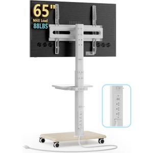AX WABER Mobile TV Stand with Power Outlets&Shelf, Floor Portable TV Stand with Wheels for 27-65Inch LCD LED OLED Flat/Curved Panel Screen, Swivel,Height Adjustable&Wood Base, RollingTV Cart White