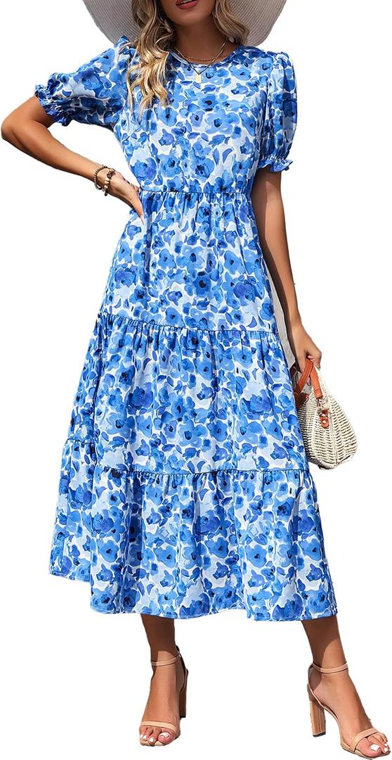 PRETTYGARDEN Women's Summer Casual Floral Boho Dress Puff Short Sleeve Ruffle Flowy Beach Party Midi Dresses (Large)