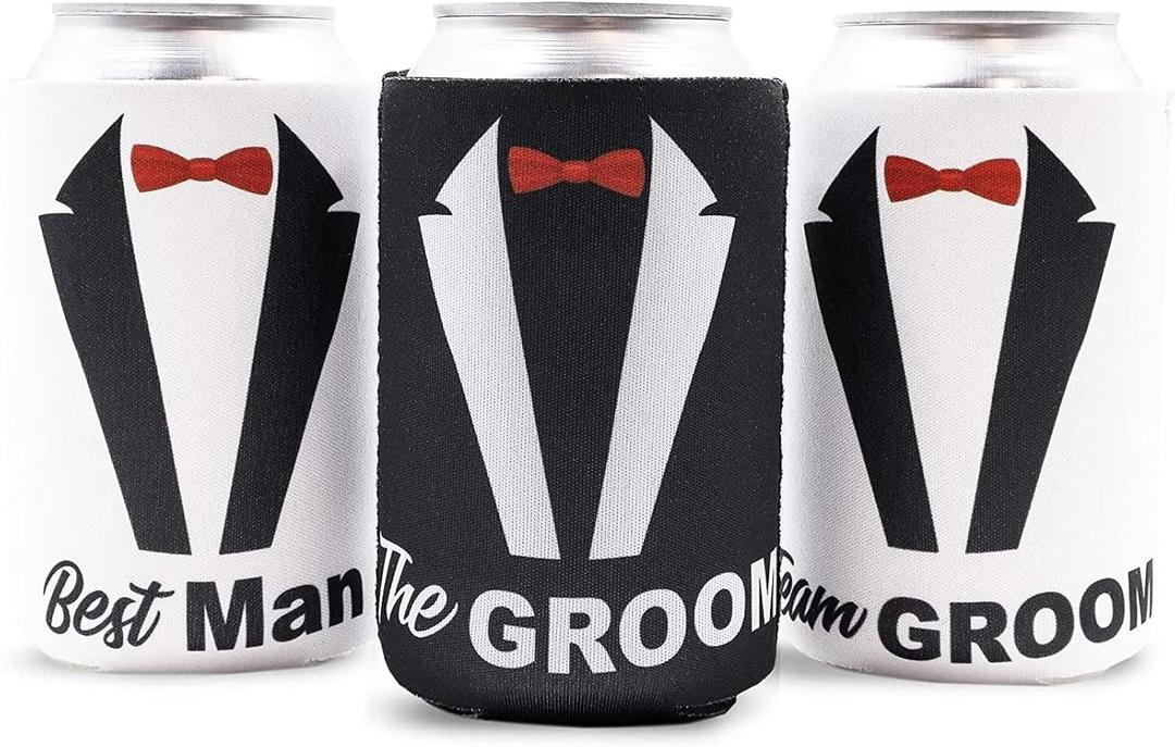BLUE PANDA Groom Cooler Neoprene Beer Can Sleeves - Medium, Groomsmen, 12-Pack - Insulated Can Cooler Sleeves for 12 oz Beer & Soda - Cool Bachelor Party Gifts & Groomsman Gift Set