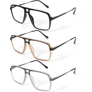 MMOWW 3 Pack Retro Aviator Reading Glasses for Men Women Square Blue Light Blocking Readers Spring Hinges