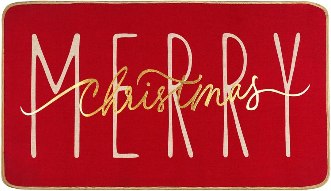 ONWAY Merry Christmas Doormat, Red Gold Winter Seasonal Door Mat Christmas Holiday Low-Profile Floor Rug Switch Mat for Indoor Outdoor 17.5 x 29 Inch