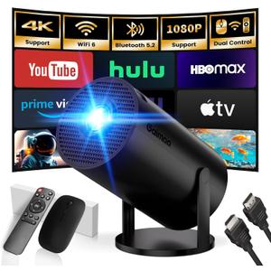 [Built-in App & Smart Projector] Mini Projector 2026 Upgraded Support 4K 1080P FHD Portable Projector WiFi 6 BT5.2 180 Keystone Compatibile with HDMI/TV Stick/Memory Stick/Laptop, Black
