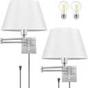 TRLIFE Dimmable Wall Sconce Plug in, Brushed Nickel Wall Sconces Set of Two Swing Arm Wall Lights with Plug in Cord and On/Off Dimmer Rotary Switch, 11.8" Large White Fabric Shade(2 Pack, 2 Bulbs)
