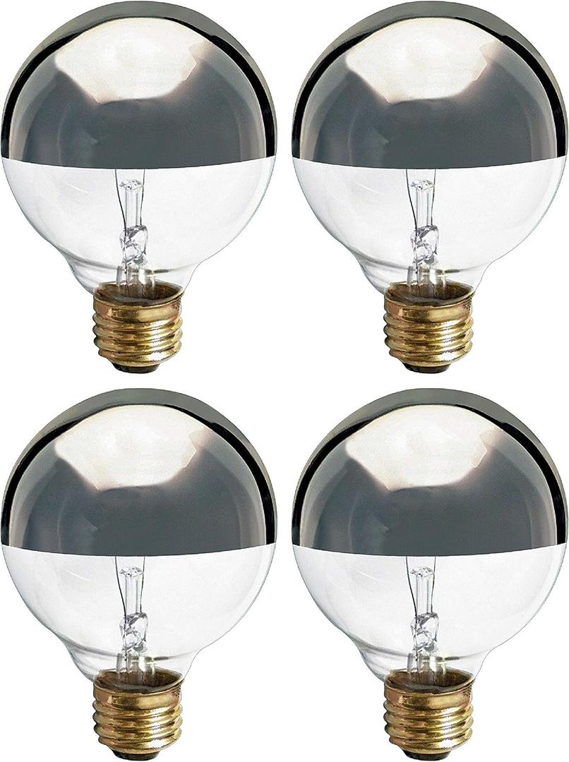 KOR (4 Pack) G25 Incandescent Light Bulb, Silver Half Chrome Crown with Mirror Reflect Glare-Less Finish, Decorative Globe 120 Volts, Lamp Shape, Medium Base, E26 Base, Dimmable. (40 WATT)