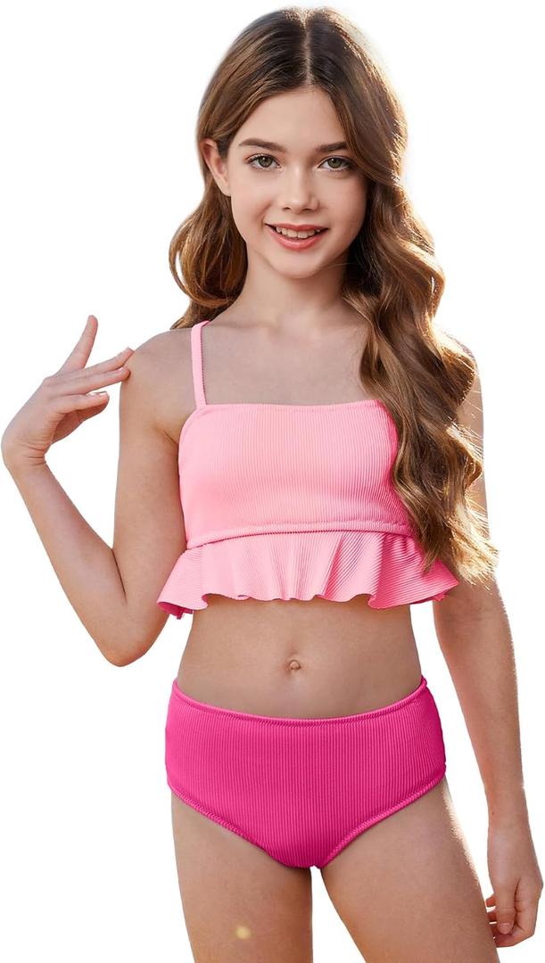 Zando Cute Swimsuits for Teen Girls Bikini 2 Piece Swimsuit Ruffle Swim Suit Beach Swimwear Bathing Suits for Teens 7-14 (9-10 Years, Hot Pink & Pink)