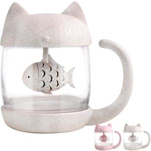 BigNoseDeer Cat Tea Cup Cute Mug Glass Pot with Fish Infuser for Loose Leaf Tea (White 8oz)