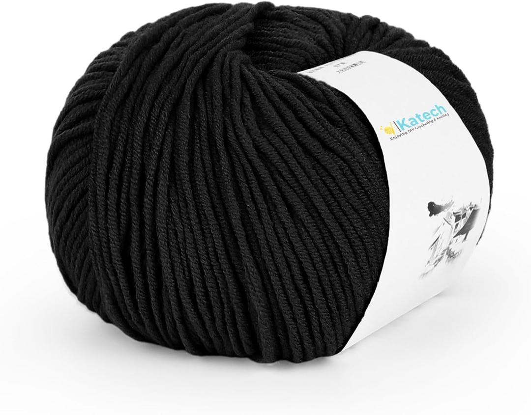 Katech Cotton Yarn for Crocheting-55% Cotton 45% Acrylic-4 Medium (Worsted)-Super Soft Milk Cotton Yarn-Great Crochet and Knitting Starter Kit for Colorful CraftBlack (1pack)