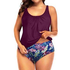 Yonique Plus Size Only 1Piece Swimsuit for Women Blouson Tankini Tummy Control Bathing Suit Purple Leaf 18W