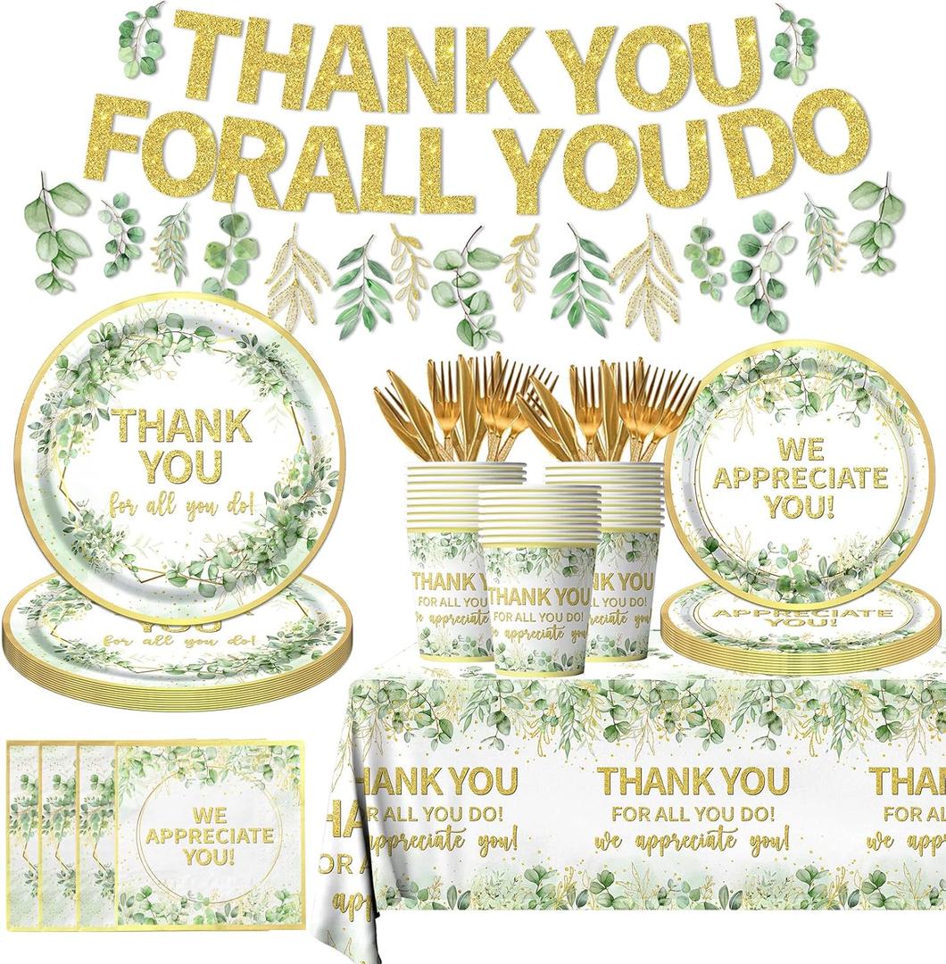 We Appreciate You Decorations - Sage Green Thank You Party Plates,Napkins,Banner Spring Eucalyptus Thank You for All You Do Table Decoration for Employee Teacher Graduation Appreciation Party