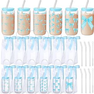 Skylety 6 Sets Blue Bow Aesthetic Cup Coquette Glass Iced Coffee Cups with Lids and Straws Clear Gift Bag 16 oz Reusable Beer Tumbler Gifts for Tea Cocktail Women Party Supplies(Plastic Lid)