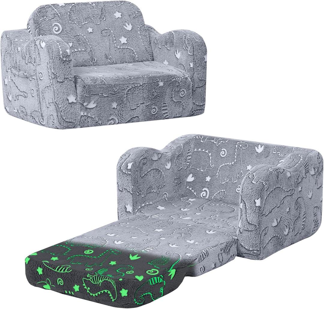 MeMoreCool Glow-in-the-Dark Dinosaur Kids Couch, 2-in-1 Foldable Kids Couch and Sofa Chair for Playroom Nursery, Soft Foam Fold Out Lounger for Boys Ages 1-3, Washable Cover, Gray | Reading, Lounging, 16.5"D x 25.6"W x 15.7"H