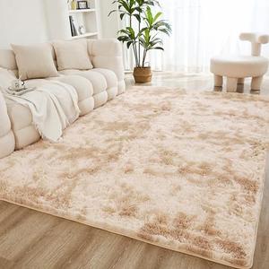 Litanika 5x8 Shag Area Rug for Living Room Bedroom, Tie-Dyed Beige High Pile Soft Plush Shaggy Furry Cream Bedside Playroom Dorm Carpet, Non-Slip, Non-Shedding Modern Indoor Floor Rug