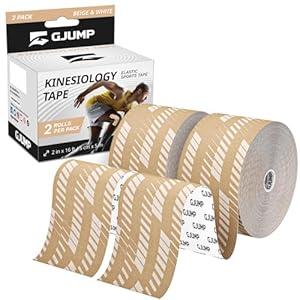 GJUMP Kinesiology Tape, 2 Rolls Hypoallergenic Athletic Tape for Muscle Strain Relief & Joint Support, Waterproof & Breathable Sports Tape for Pain Relief, 2in x 16ft Uncut Roll-Stripe (Beige)
