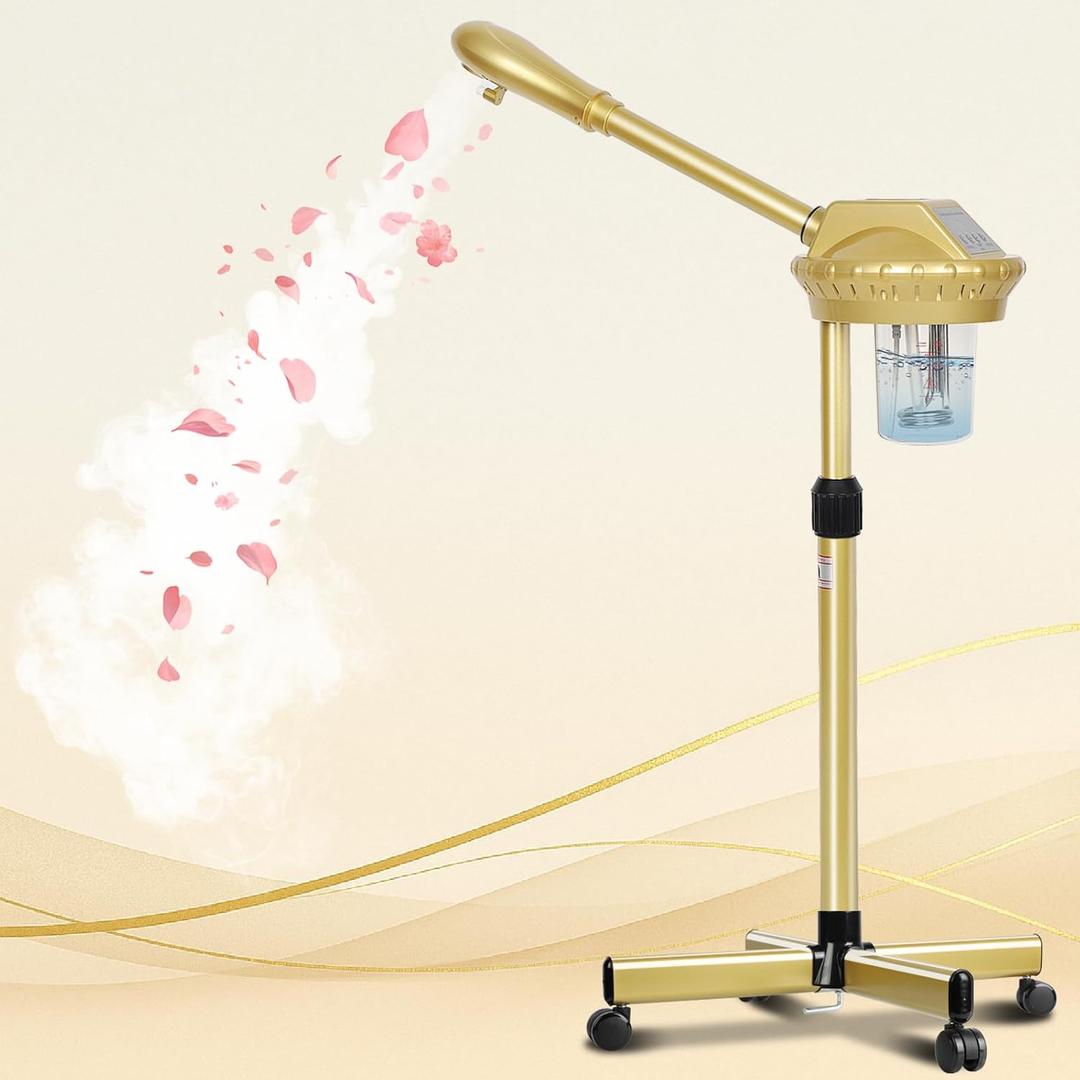 Facial Steamer Professional with More Steam for Deep Cleansing and Hydration, Estheticians Steamer on Wheels with Time Setting, Face Steamer Adjustable Height for Beauty, Spa and Home UseGolden