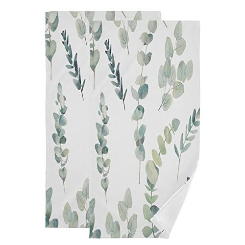 PATINISA Green Leaves Hand Towels for Bathroom Set of 2 Teal Eucalyptus Branches Bath Towel Soft Absorbent White Kitchen Dish Towels Decorative Bathroom Towels for Face,Hair,Guest,Gym,Spa 14"x28"