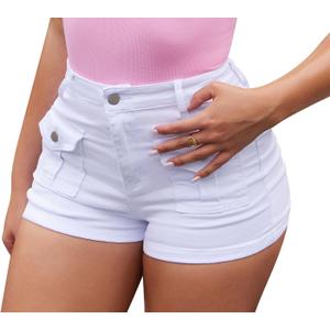 GOBLES Women's Sexy High Stretch Slim Fit Cargo Denim Shorts with Front Pockets (Medium, White)