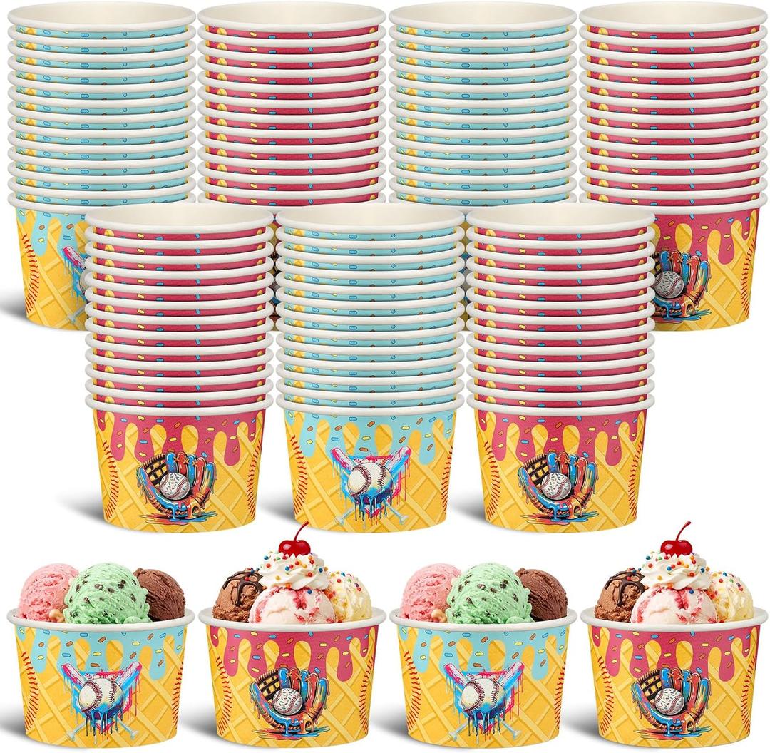 Mimorou 50 Pcs 8 oz Ice Cream Drip Baseball Paper Bowls for Birthday Party Supplies, Disposable Ice Cream Drip Baseball Treat Snack Cups, Sports Party Favors, Celebration Supplies, Table Decorations