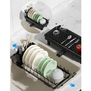 Nacial 2-in-1 Small Dish Drying Rack Fits 14''21.8'' Sink, Dish Drainers for Kitchen Counter Extend Kitchen Sink Drain Basket with Utensil Holder & Auto-Drain Tray, Stainless Steel Plate Rack, Black