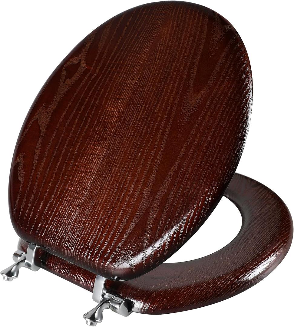 Angel Shield Durable Wood Veneer Natural Toilet Seat Metal Hinged Easy Clean Anti-scratch American Standard(Round,Dark Walnut)