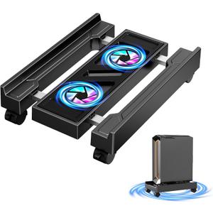 Adjustable Computer Tower Stand with Cooling Fan, Mobile CPU Holder with 4 Rolling Casters, Under Desk CPU Bracket PC Floor Cart PC Riser for Office, Home and Classroom. (Fan version) (Black)