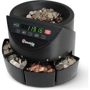 Cassida C100 Electronic Coin Sorter/Counter, Countable coins 1¢, 5¢, 10¢, 25¢, 250 coins/min, 110 VAC, Pack of 1
