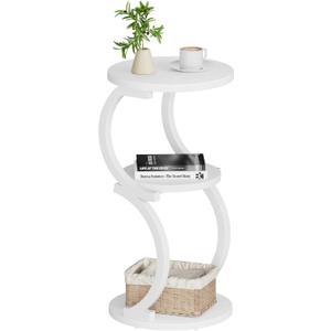 JUSTOGO Small Side Table, 3-Tier Round End Table for Small Spaces, White | S-Shaped Accent Table, Living Room & Bedroom, Beside Sofa, Vintage Nightstand, Wood & Metal Frame, Open Storage