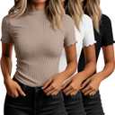 Huukeay 3 Pack Women's Mock Turtleneck Short Sleeve Tops Ribbed Cotton Lettuce Trim T Shirts Slim Fit Casual Base Tee Size L
