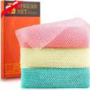 UJFQBH 3 Pieces African Net Sponge, African exfoliating net African Net Long Net Bath Sponge Exfoliating Shower Body Scrubber Back Scrubber Skin SmootherPink, Green, Off-White