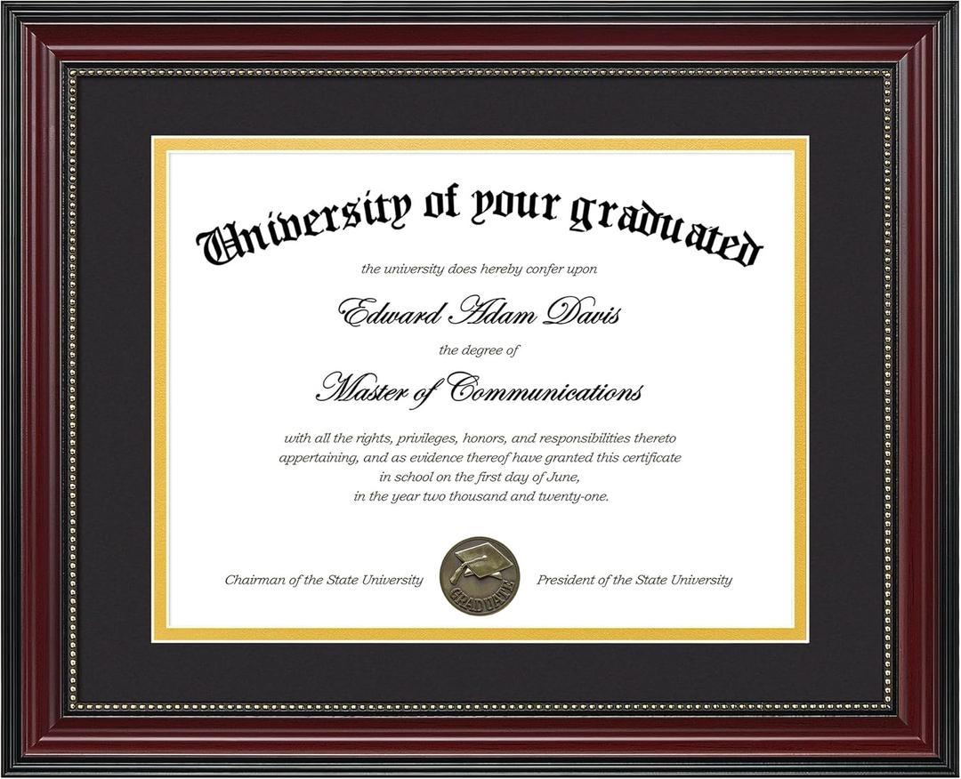 upsimples Diploma Frame 8.5 x 11 with Mat or 11x14 without Mat, Certificate Degree Document Frame, Classic Wood Grain with Gold Beading, Includes Black & Gold Mats, Graduation Gifts, 1 Pack