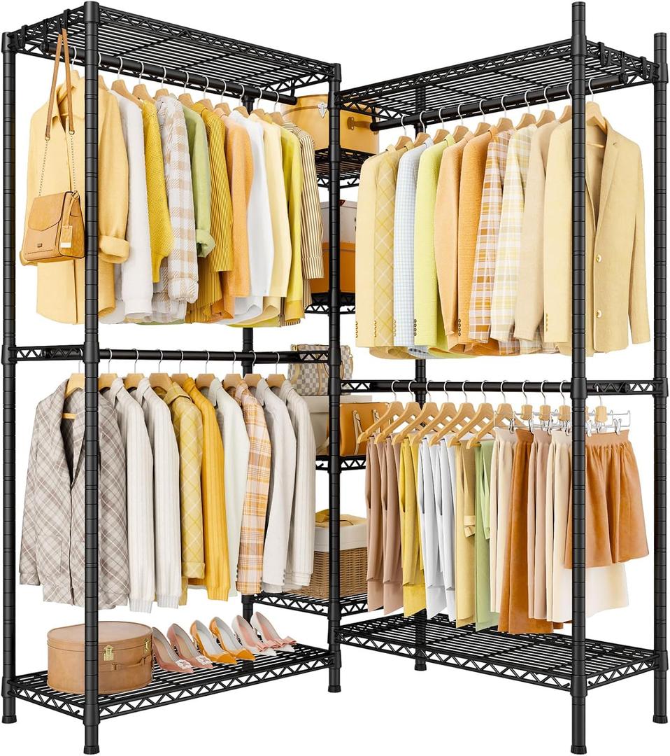 Ulif E4L L-shaped Clothes Rack for Corner, Heavy Duty Freestanding Garment Rack, Metal Clothing Organization Storage System with Shelves and Hangers, Max Load 962lbs, 42.7"W x 42.7"D x 79.3"H, Black
