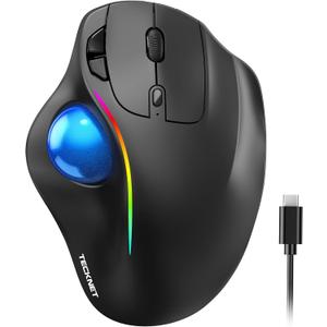TECKNET Pro Wireless Trackball Mouse, Bluetooth Mouse with Ergonomic Thumb Control, USB-C Rechargeable, RGB Light Mice with Adjustable DPI, 3-Device Connectivity (BT or 2.4G),for PC/Mac/Laptop - Black