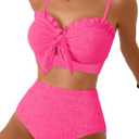 Herseas Women's Seashell Textured Bikini Sets Knotted Front 2 Piece Swimsuits Ruffle Trim Bathing Suits (Hot Pink, XL)