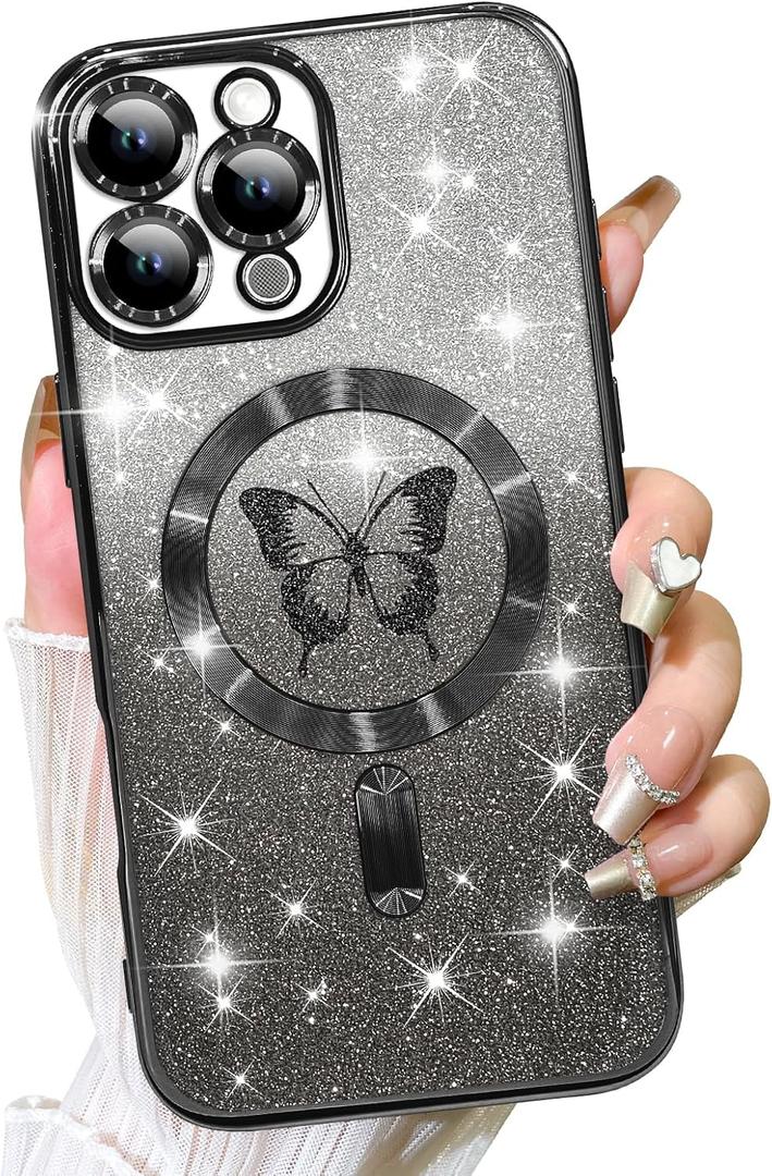 Fiyart Designed for iPhone 11 Pro Max Case,Compatible with MagSafe Butterflies Plating Camera Protection Phone Cover, Magnetic Glitter for Women Girls Shockproof Bumper 6.7"-Black
