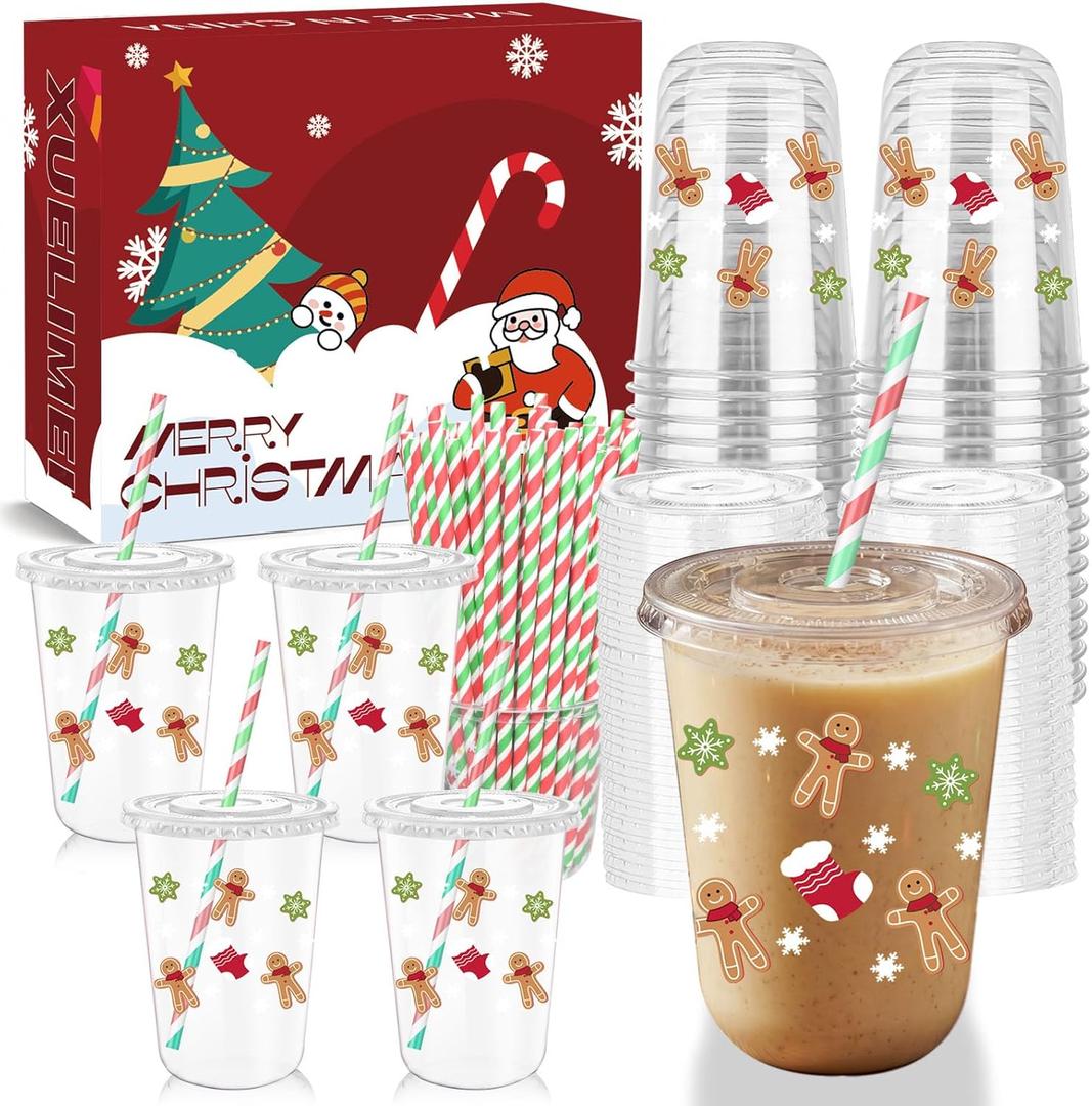 16oz Christmas Disposable Plastic Cups with Lids and Straws-Gingerbread Man Drinking Cups for Party Supplies Cold Drinks, Coffee, Beer, Drinks, Ice Cream, Holiday Party Supplies. (50)