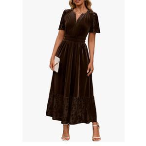 Simplee Women's Formal Velvet Maxi Dress Fall Winter V Neck Floral Short Sleeve Empire Waist Wedding Guest Dresses, XL