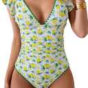 Women's One Piece Ruffle Swimsuit Tummy Control Bathing Suit V Neck Shell Stitched Swim Suit Slimming Swimwear (Large, Yellow Print)