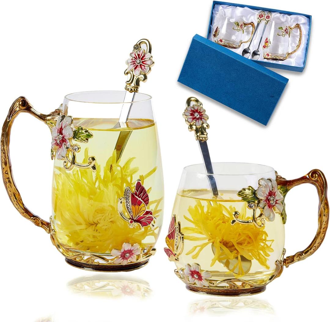 Tea Cup Glass Coffee Mugs,Fancy Tea Cup Set Birthday Christmas Valentine's Day Gift Idea for Tea Lover and Women Novelty Coffee Mugs Rose Flower Enamel Tea Cup Glass Mug with Spoon (Gold)