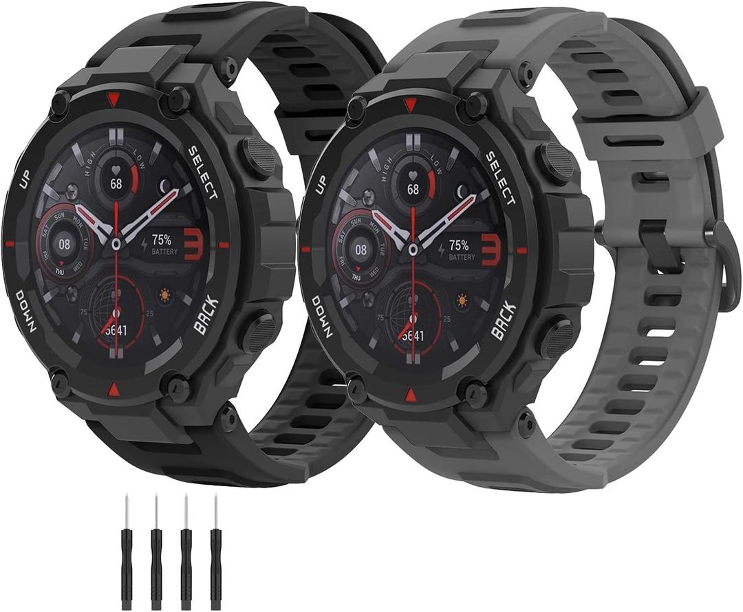 2 Pack Waterproof Bands Compatible with Amazfit T-Rex Pro Watch Bands, Soft Silicone Replacement Band for Amazfit T-Rex/T-Rex Pro Smartwatch (Black/Dark Grey)