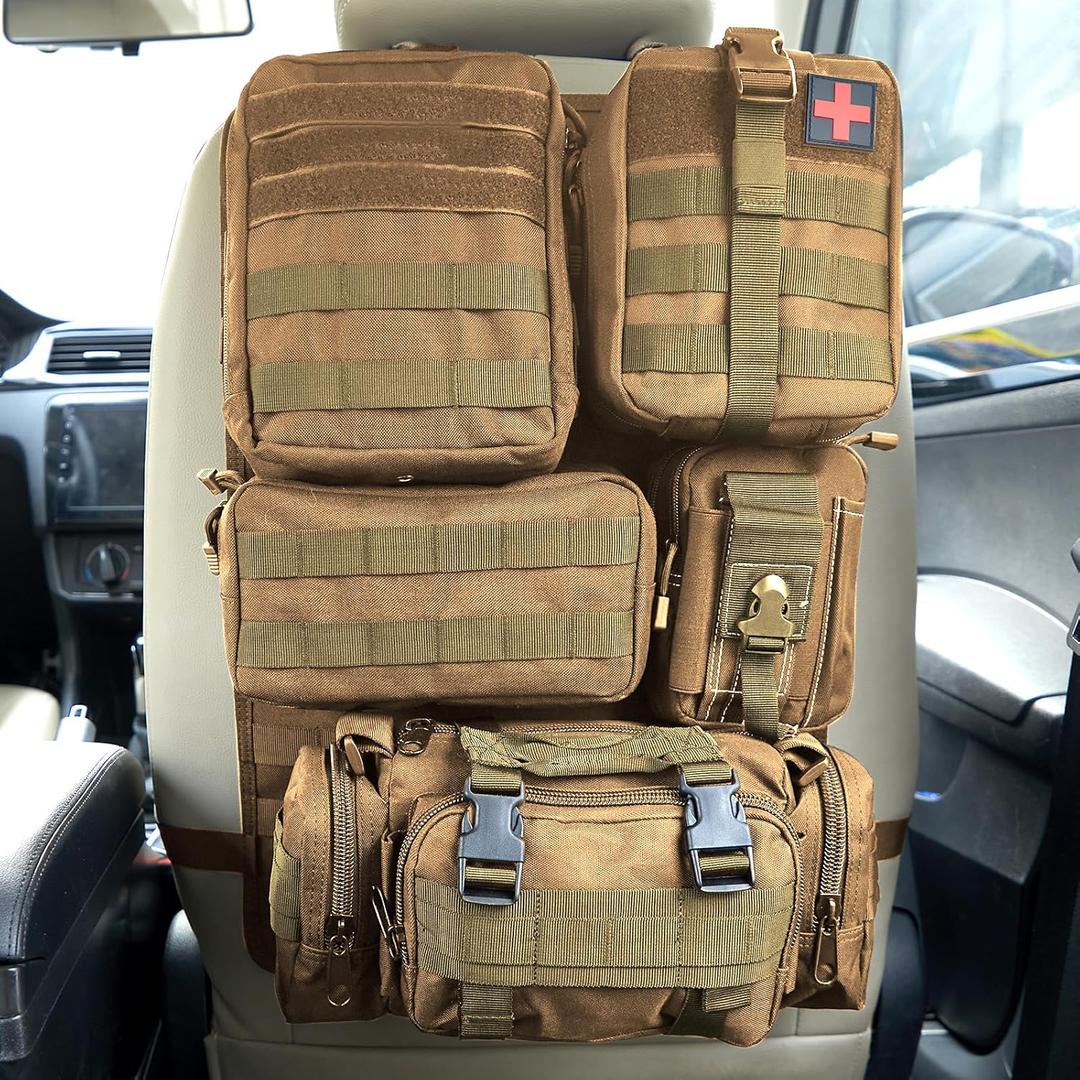 Universal Tactical Seat Back Organizer Vehicle Molle Panel Organizer Storage Bag with 5 Detachable Molle Pouch for All Vehicel Such as Jeep,Truck,SUV, Car, Ford,Chevy etc (A model-Khaki)
