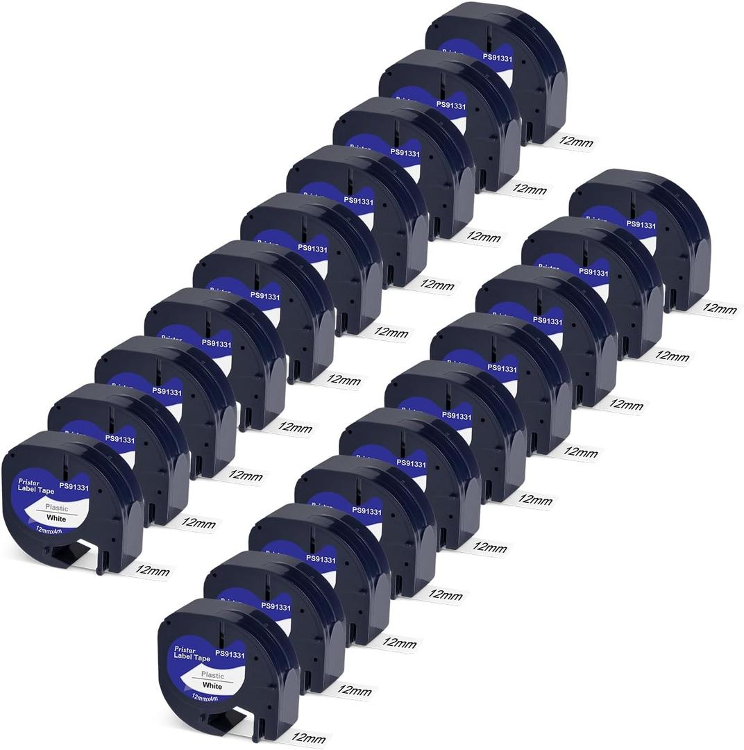 Pristar 20-Pack 91331 Replacement for DYMO LetraTag 91331 Label Tape Refills White Plastic Label Tape 12mm x 4m (1/2" x 13') Work for Dymo LetraTag LT 100T LT100H 200B QX50 2000 XR, Black on White