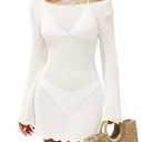 Saodimallsu Womens Swimsuit Cover Up Long Sleeve Sheer Mesh Knit Mini Dress Backless Tie Summer Beach Vacation Outfits White Size Small